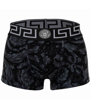 Elegante Herren Boxer Shorts der Marke VERSACE. Hochwertige Unterhosen mit Allover Barocco Print. Greca-Muster und Medusa-Motiv am elastischen Bund.