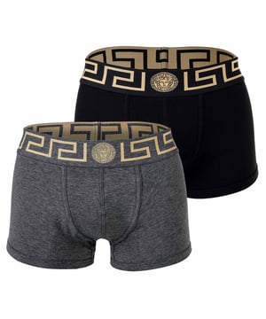 Zwei elegante Herrenboxershorts der Marke VERSACE. Hochwertige Unterhosen mit Greca-Muster und Medusa-Motiv am elastischen Bund. Sehr hohe Qualität.