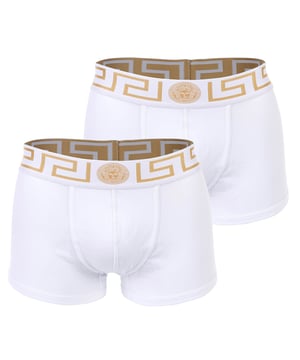 Zwei elegante Herren Boxer Shorts der Marke VERSACE. Hochwertige Unterhosen mit Greca-Muster und Medusa-Motiv am elastischen Bund. Sehr hohe Qualität.