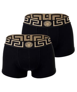Zwei elegante Herren Boxer Shorts der Marke VERSACE. Hochwertige Unterhosen mit Greca-Muster und Medusa-Motiv am elastischen Bund. Sehr hohe Qualität.