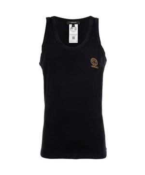 Hochwertiges Herren Unterhemden mit Rundhals-Ausschnitt der Marke VERSACE. Elastische Baumwoll-Jersey Qualität, mit goldenem VERSACE-Logo-/Medusa-Print.