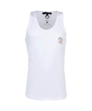 Hochwertiges Herren Unterhemden mit Rundhals-Ausschnitt der Marke VERSACE. Elastische Baumwoll-Jersey Qualität, mit goldenem VERSACE-Logo-/Medusa-Print.