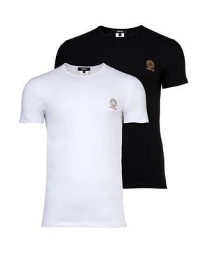 Zwei hochwertige Herren Unterhemden der Marke VERSACE. Elastische Baumwoll-Jersey Qualität, mit goldenem VERSACE-Logo-/Medusa-Print.