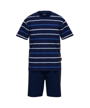 Schlafanzug für Herren von der Marke Götzburg.  Gestreiftes Shirt mit kurzen Ärmeln und Rundhalsausschnitt. Einfarbige kurze Hose mit elastischen Gummibund.