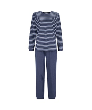 Bequemer Pyjama für Damen von der Marke hajo. Langarm-Oberteil im Ringel-Design mit einfarbiger Hose. Angenehm weicher Baumwoll-Mix - bügelfrei und hautsympathisch.