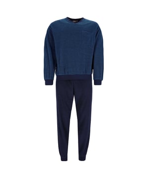Frottee-Schlafanzug Set von der Marke hajo. Fein geringeltes Oberteil mit V-Ausschnitt und einfarbige Hose, elastische Rippbündchen, weicher Baumwoll-Mix.