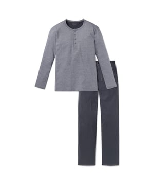 Langer Herrenschlafanzug von SCHIESSER.
Geringeltes Oberteil mit Knopfleiste und einfarbige Hose. 
Komfortabel, angenehm weich und aus 100% bester Baumwolle.