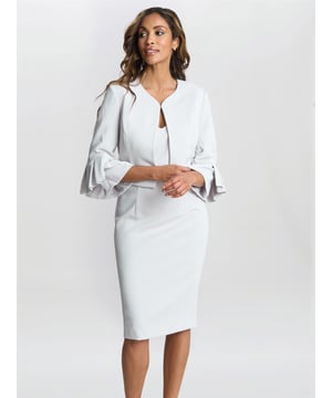Our Melissa stretch crepe dress and jacket set is a sure winner! In a soft silver grey, it is versatile and wearable on all occasions the dress is a simple sleeveless shift and the bolero is a tailored style and features 3/4 length sleeves with beautiful peplum cuffs. The dress features a v-neck and back zip. The bolero can also be used with other items in your wardrobe!