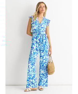 Elevate your style with our Blue Floral Ruffle Sleeves Jumpsuit. Featuring delicate ruffle sleeves and a stunning blue floral print, this jumpsuit is the perfect choice for any special occasion. Made with high quality materials, it's both comfortable and stylish. Make a statement and turn heads at your next event.