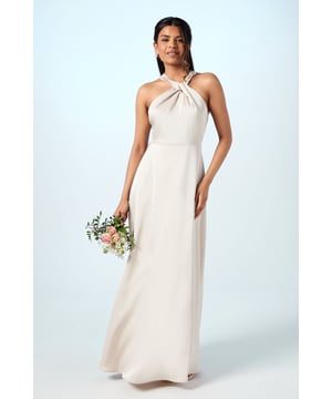 Elegant twist halterneck design with sophisticated neckline detail
        Luxurious satin fabric that catches the light beautifully
        Flattering fitted bodice transitioning into a flowing maxi silhouette
        Delicate tie-back detail adding a graceful finishing touch
        Petite-friendly length, perfectly proportioned for shorter frames
    
    The Coast Honoured Petite Twist Halterneck Maxi Dress embodies timeless bridesmaid elegance. The sophisticated twist detail at the neckline creates a flattering frame for the dcolletage, whilst the clean lines of the silhouette offer a contemporary touch. Designed specifically for petite frames, this dress ensures the perfect length without alterations. Style with delicate drop earrings and a sleek updo to showcase the beautiful neckline. For a coordinated bridal party look, pair with matching bouquets in complementary tones. The satin fabric drapes beautifully as you move, making this an ideal choice for photographs that capture those special wedding moments. Complete the ensemble with strappy heeled sandals and a subtle bracelet for a refined bridesmaid appearance that will complement the bride's special day.