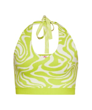 Deze gebreide haltertop is met precisie vervaardigd en heeft een vloeiend abstract patroon. Het gestrikte silhouet aan de bovenkant en de geribde zoom aan de onderkant voegen een vleugje verfijning toe aan de algehele look. Deze crop-top heeft een ronde halslijn en een verstelbare strikband aan de achterkant en straalt een eigentijdse charme uit. Het boeiende swirly-patroon zal zeker indruk maken.  Top
