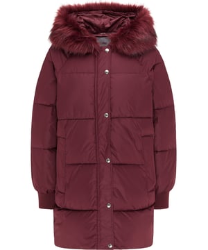 Voering: 100% polyester; buitenmateriaal: 100% polyester; geribde manchetten: 94% polyester, 6% elastaan  Deze winterjas van myMo is de perfecte metgezel voor koele dagen! Je zult vooral onder de indruk zijn van het strakke design, want de brede quilting en het matte oppervlak geven deze jas net dat beetje extra. Een capuchon met afneembare rand van imitatiebont houdt je bovenaan optimaal warm, terwijl er ruimte is voor je handen in twee zijzakken. De rechte snit is nu heel trendy en zal je betoveren met een modieuze look.  Jas