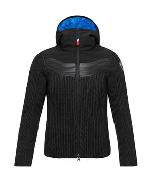 Body 1 : 100% Polyester 
Body 2 : 69% Polyamide - 31% Polyurethane. This jacket features 2 zipped hand pockets, 1 zipped ski pass pocket and inside pockets. Lycra cuffs with thumb hole and full zipper