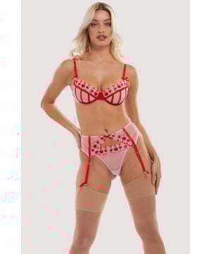 Flirty floral vibes...Our Charli Embroidery Suspender Belt is perfect to add to your lingerie collection. Constructed from candyfloss pink sheer mesh with red accents and cherry floral embroidery. It features 4 cherry red adjustable suspender straps to attach to stockings of your choice. Wear this with our matching Charli Bra and Brief or Thong for a lingerie set of dreams.
