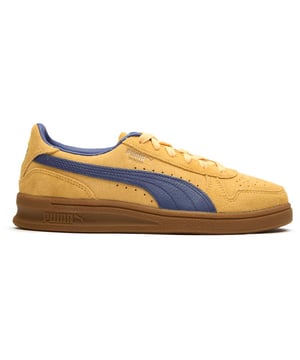 The Puma Indoor Soft in vibrant yellow brings a splash of sunshine to your casual wardrobe. These women's court trainers feature a premium suede upper that's both stylish and durable. Equipped with a specially designed comfort insole, they'll keep your feet happy all day long. The distinctive gum rubber outsole offers reliable traction while subtle Puma branding adds that authentic touch. Perfect for everyday wear or light indoor sportsâwhere retro style meets modern comfort.