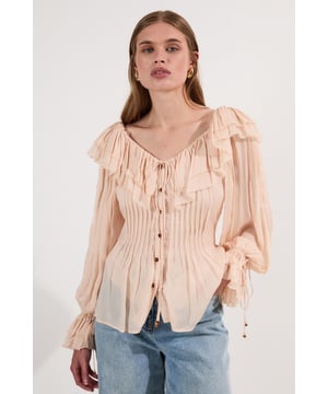 Crinkle Viscose Georgette Pin Tuck Detail Ruffle Woven Blouse