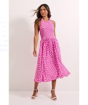 Pink Spot Shirred Bodice Halterneck Jersey Midi Dress