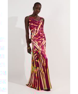 Viscose Satin Border Print Strappy Woven Maxi Dress