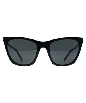 Saint Laurent Cat Eye Womens Shiny Black Grey SL 214 Kate Thin  Sunglasses are a harmonious blend of timeless elegance and Parisian chic. These sunglasses encapsulate the iconic allure of the fashion house with their sleek acetate frame, featuring a slender cat eye silhouette that exudes vintage-inspired charm. Adorned with slim temples and the iconic Saint Laurent logo at the hinges, these sunglasses radiate refined opulence.