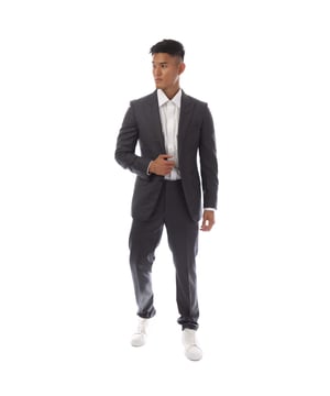 Single-breasted blazer  peak lapels  two-button closure  chest pocket  three side flap pockets  central back vent  straight hem  mid waist  hook and zip closure  adjustable side straps  two side pockets  two welt pockets with button on the back  straight leg.