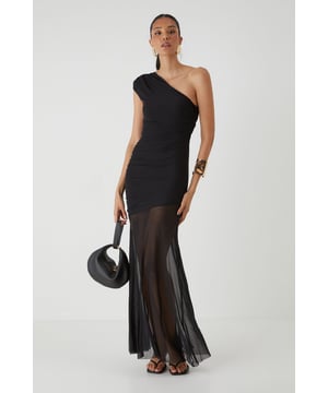 Striking one-shoulder design with elegant ruched detailing
        Figure-flattering jersey fabric with strategic ruching across the bodice
        Dramatic maxi length with sheer mesh overlay from mid-thigh
        Body-contouring silhouette that accentuates your curves
        Lined construction for comfort and coverage where needed
    
    Make a showstopping entrance in this captivating mesh ruched one-shoulder maxi dress from MissPap. The asymmetric neckline creates a bold statement whilst the expertly placed ruching works to flatter your figure. The dress transitions beautifully from a fitted bodice to a flowing sheer mesh skirt, creating a tantalising glimpse of leg whilst maintaining an air of sophistication. Style with strappy heels and statement jewellery as seen on our model for formal occasions such as weddings or galas. For evening events, add a structured clutch and sleek updo to highlight the dramatic neckline. This dress commands attention whilst offering versatility - a true wardrobe hero piece for those moments when you want all eyes on you.