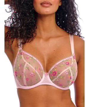 Freya Love Crush Plunge Bra. Sheer underwired non padded plunge bra with a low centre, printed all over floral embroidery, picot elastics and powernet wings for support and anchorage. Product is recommended hand-wash only.