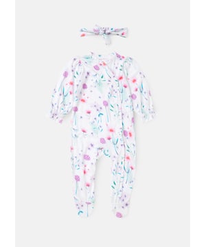 Bloomin' cute! This charming floral print babygrow with soft gathered cuffs and matching headband is the perfect pick for your little bud to blossom in comfort and style.