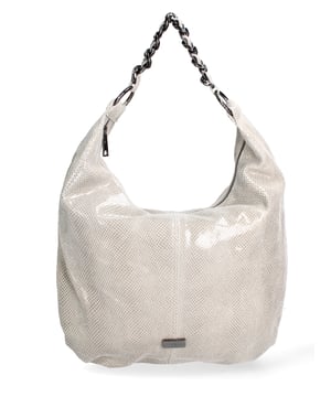 Bolso bandolera para mujer. El cierre es con cremallera. Los bolsillos internos son uno con cremallera y otro abierto. Los bolsillos externos están ausentes. Falta la correa para el hombro. El mango es de cadena. Hay un compartimento interno. El material exterior es piel auténtica laminada. Internamente está forrado en tejido 70% algodón - 30% poliéster. Medidas: 42x34x9 cm. Hecho en Italia