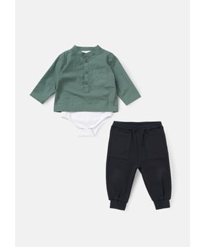 Smart meets practical in this woven shirt and trouser set. The mandarin shirt features a bodysuit opening for easy changes. while the woven joggers with a ribbed waistband and cuffs provide all-day comfort. Shirt available in big brother sizes!.