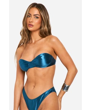 Strapless bandeau-style bikini top
        Sleek satin finish for a luxurious look
        Twisted front detail adds visual interest
        Underwired cups for enhanced support
        Coordinating high-cut bikini bottoms
    
    Make a splash this summer with this eye-catching satin bikini set. The bandeau-style top features a twisted front detail that adds a touch of sophistication, while the underwired cups provide ample support for all-day comfort. Paired with high-cut bottoms, this set creates a flattering silhouette that's perfect for soaking up the sun. Whether you're lounging by the pool or strolling along the beach, this bikini is versatile enough for any summer occasion. Style it with oversized sunglasses and a wide-brimmed hat for a chic poolside look, or throw on a sheer kaftan and strappy sandals for a stylish transition from beach to bar. The sleek satin finish ensures you'll stand out from the crowd, making this bikini a must-have addition to your holiday wardrobe.