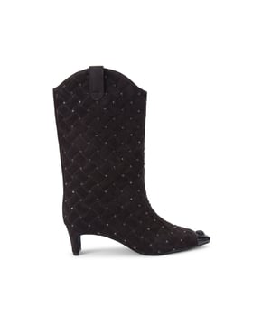 This Kurt Geiger Regent Ankle Boot features a dark brown upper with a black toe cap. There is a black eagle head with pink crystals on top of the toe all sat on a fashionable kitten block heel. Heel height: 5.5cm.