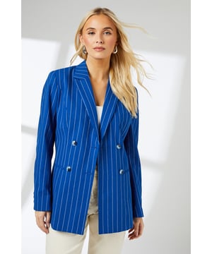 Double-breasted design with striking metallic button fastening for a sophisticated silhouette
        Classic pinstripe pattern throughout adds timeless appeal to this regular fit blazer
        Notched lapel collar creates a structured, tailored appearance
        Long sleeves with subtle button detail at cuffs for refined finishing
        Versatile linen-blend fabric offers breathability and comfortable movement
    
    This Principles double-breasted blazer brings contemporary flair to a classic design. The regular fit ensures comfort whilst maintaining a smart appearance, perfect for creating a polished daytime look. Style as seen with light-coloured trousers and a simple top underneath for an effortlessly chic ensemble that works beautifully for lunch dates or casual office settings. The blazer's structured shape makes it an excellent layering piece for transitional weather - pair with jeans and trainers for weekend brunches or dress up with tailored trousers and loafers for more important daytime meetings. The linen-blend fabric provides a textural element that adds interest to your outfit whilst ensuring you stay comfortable throughout the day. A versatile wardrobe staple that will serve you well for family gatherings and smart-casual events alike.