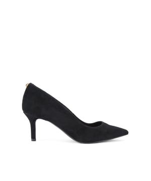 This Kurt Geiger Kensington Flexi court heel features a black suede leather upper with pointed toe and mid-height heel. There is a micro antiqued brass eagle head at the back of the ankle. Heel height: 6.5cm.