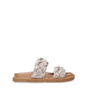The Vegan Rath Bling2 from KG KURT GEIGER is a blush slip-on sandal with two braided straps across the foot that are finished with silver crystals. The footbed is curved for comfort.