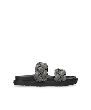 The KG Kurt Geiger Rath Bling2 is a black slip-on sandal with two braided straps across the foot that are finished with smoked crystals. The footbed is curved for comfort.