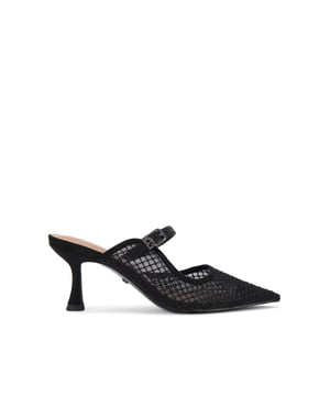 This Alina Mule Gem heel features a black mesh upper with crystal embellishment. There is a strap across the foot which is accented with a gunmetal buckle and branding detail. Heel height: 7.5cm.