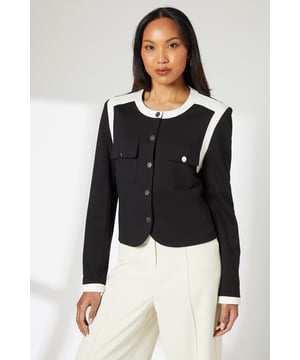 Cropped silhouette with a contemporary round neckline for a refined daywear look
        Striking contrast trim detailing along the neckline, shoulders and cuffs for distinctive visual appeal
        Practical front pockets with flap detail, adding both functionality and design interest
        Secure button-through front fastening with stylish metallic buttons
        Regular fit design offering comfortable movement whilst maintaining a smart silhouette
    
    This Principles cropped jacket masterfully blends practicality with polished style. The contrast trim creates a striking visual frame that draws attention to the structured silhouette, whilst the functional front pockets add practical detail to this versatile piece. Style with wide-leg trousers as shown for a contemporary take on workwear, or pair with tailored denim and ballet flats for weekend brunches. The cropped length works beautifully with high-waisted bottoms, creating a balanced proportion that flatters the waistline. For casual family gatherings, layer over a simple t-shirt with relaxed trousers, or dress up with a silk camisole and statement earrings for dinner dates. This jacket offers year-round versatility - wear alone during milder days or layer over fine knitwear when the temperature drops.