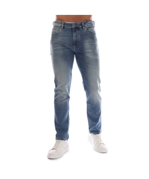 Mens Hugo Boss Delaware Slim Fit Jeans in blue.- 5-pocket construction. - Zip fly and button fastening.- Regular rise.- Branded leather patch at rear waist.- Slim fit.- 82% Cotton  16% Polyester (Recycled)  2% Elastane.- Ref: 50534679434