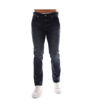 Mens Hugo Boss Delaware Slim Fit Jeans in dark blue.- 5-pocket construction. - Zip fly and button fastening.- Regular rise.- Branded leather patch at rear waist.- Slim fit.- 82% Cotton  16% Polyester (Recycled)  2% Elastane.- Ref: 50534556402
