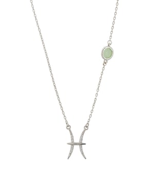 Dive into the depths of Pisces mystical realm with the Zodiac Pisces Birthstone Necklace Aqua Chalcedony Silver. Pisceans celebrate their birthday Feb 19- Mar 20.This zodiac necklace features the fishes' constellation set with sparkling cubic zirconia highlights, complemented by a serene lab-created Aqua Chalcedony set along the 40-45cm chain.Crafted in 925 sterling silver, this piece embodies the fish's intuitive and compassionate spirit, with Aqua Chalcedony bringing calm and reflection, perfect for navigating the emotional waters of the horoscope.
