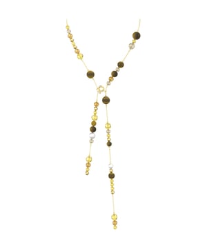 El collar Swarovski Somnia es una pieza de joyería excepcional que combina elegancia elegante y estilo boho chic moderno.\nCon su armoniosa mezcla de ojo de tigre, nácar y cristales en tonos tierra neutros, engastados en una capa de aleación de oro, este collar agregará un brillo especial a cualquier conjunto.\nPerfecto para superponer o como elemento destacado, este collar hace que cada conjunto sea único y radiante.\nJoya con baño de oro y cristales multicolores. Este collar está firmado por la directora creativa Giovanna Engelbert para la Colección II.\n Medidas: Longitud: 47cm\n Composición: Material: Cristales Swarovski, ojo de tigre, capa de aleación de oro.\n Cuidados:\nEvite el contacto con cremas, perfumes y detergentes que puedan dañar el producto. Para mantener el brillo, le recomendamos limpiarlo solo con un paño suave.