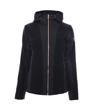 100% Polyester. Rossignol Supercorde TD Knit Ski Jacket in Black, Made in Romania, Waterproof Membrane, Features: Goggle Pcket, Goggle Cleaner, Vent Zip, Lycra Cuff, Snow Gaiter