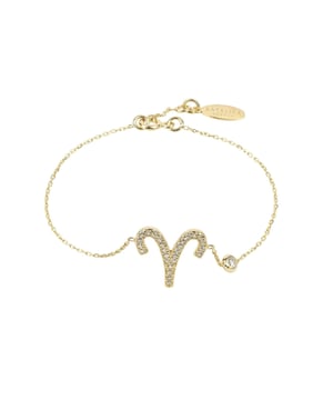 Introducing the Zodiac Horoscope Star Sign Bracelet Aries! This beautiful bracelet is made of 925 sterling silver and features a hand-set star sign motif adorned with multifaceted white zirconia.It's the perfect accessory for any Aries celebrating their birthday. March 21st to April 19th is the time frame for Aries horoscope star sign. Those who fall under this sign are considered to be courageous, determined, and confident. The Aries zodiac bracelet is a perfect accessory to show your pride in being an Aries or a thoughtful personalised gift for any Aries in your life!The bracelet is adjustable, from 14.5cm to 17cm, to fit most wrist sizes and weighs 1.9g. This sparkly bracelet comes in a choice of 22ct gold, 22ct rose gold, or rhodium plating. So don't wait a moment longer, treat yourself or a loved one to the zodiac horoscope star sign bracelet Aries for good luck all year long!