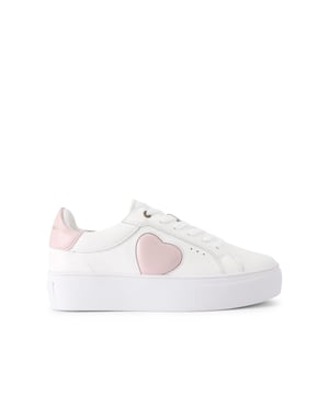 This Kurt Geiger Lana Heart sneaker arrives in a white leather. The front laces up and there is a pale pink heart on the outer sides.