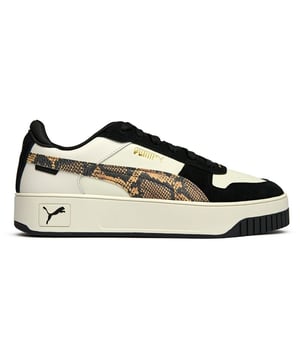 Damen graue Puma Carina Street Snake Sneakers, hergestellt aus Leder und mit einer Gummisohle. Mit: Puma-Branding, gepolsterter Einlegesohle und gepolstertem Schaft.
