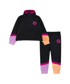 Opstaande kraag.Ritssluiting.Elastische tailleband.Geribde boorden.Converse-logo.Colorblock-design.