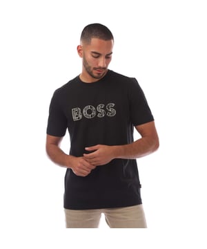 Heren Hugo Boss Logo Prin T-shirt in zwart.- Geribde crewneck.- Korte mouwen.- BOSS logo op de voorkant.- Normale pasvorm.- 100% Katoen.- Ref: 50534923001