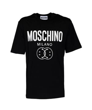The Moschino Milano Double Smiley Black T-Shirt combines bold style with everyday comfort. Crafted from soft, high-quality fabric, this tee features the iconic double smiley graphic that adds a playful yet edgy touch to your wardrobe. Perfect for casual outings or making a statement, its sleek black color pairs effortlessly with any outfit. Elevate your look with a piece that reflects both contemporary fashion and Moschino's signature creativity. This t-shirt is a must-have for those who want to stand out while enjoying all-day comfort., Made in Portugal, 100% Cotton