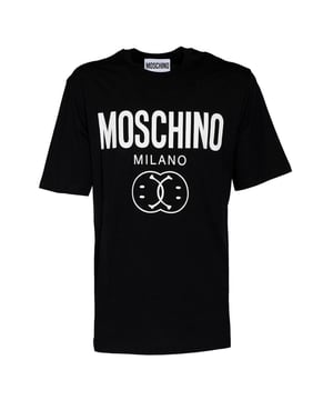 Elevate your casual wardrobe with the Moschino Bold Double Smiley Logo Black T-Shirt. Crafted from premium fabric, this tee offers exceptional comfort and durability for everyday wear. Its striking double smiley logo boldly expresses your playful style while maintaining a sleek, modern look. Perfect for pairing with jeans or layering under jackets, this versatile black t-shirt adds a touch of designer flair to any outfit. Make a confident statement effortlessly with Moschino's iconic design that blends fun and fashion seamlessly. Made in Portugal, 100% Cotton