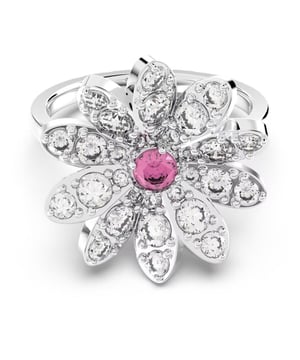 Este anillo Swarovski Eternal Flower 5642894 flor rosa está orientado para mujer. Cuenta con una llamativa piedra rosa en el centro, está adornado con brillantes piedras transparentes y acabado con una mezcla de baños metálicos. Disfruta de tu anillo Swarovski.\n Composición: Cristal de Swarovski\n Cuidados:\nEvite el contacto con cremas, perfumes y detergentes que puedan dañar el producto. Para mantener el brillo, le recomendamos limpiarlo solo con un paño suave.
